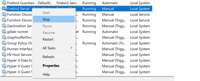 Firebird Server - zatrzymanie usługi