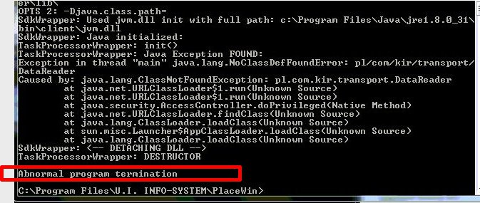 Rysunek 3. Java Abnormal program termination